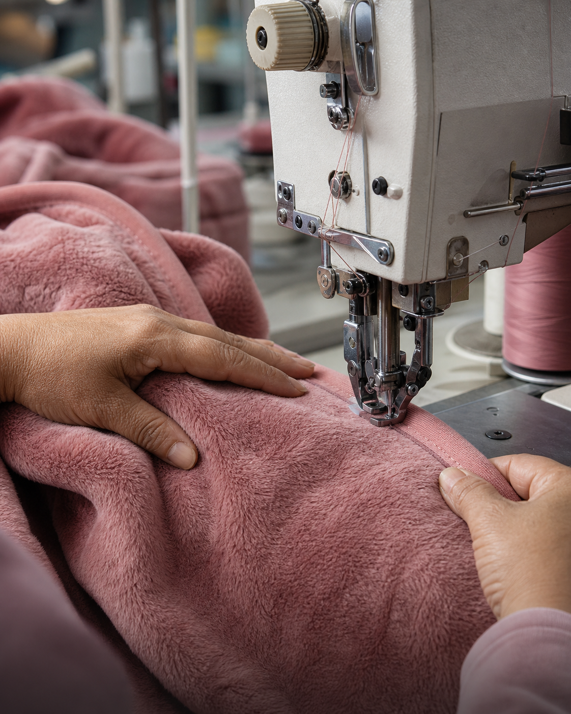 Precision blanket edge stitching in a textile factory