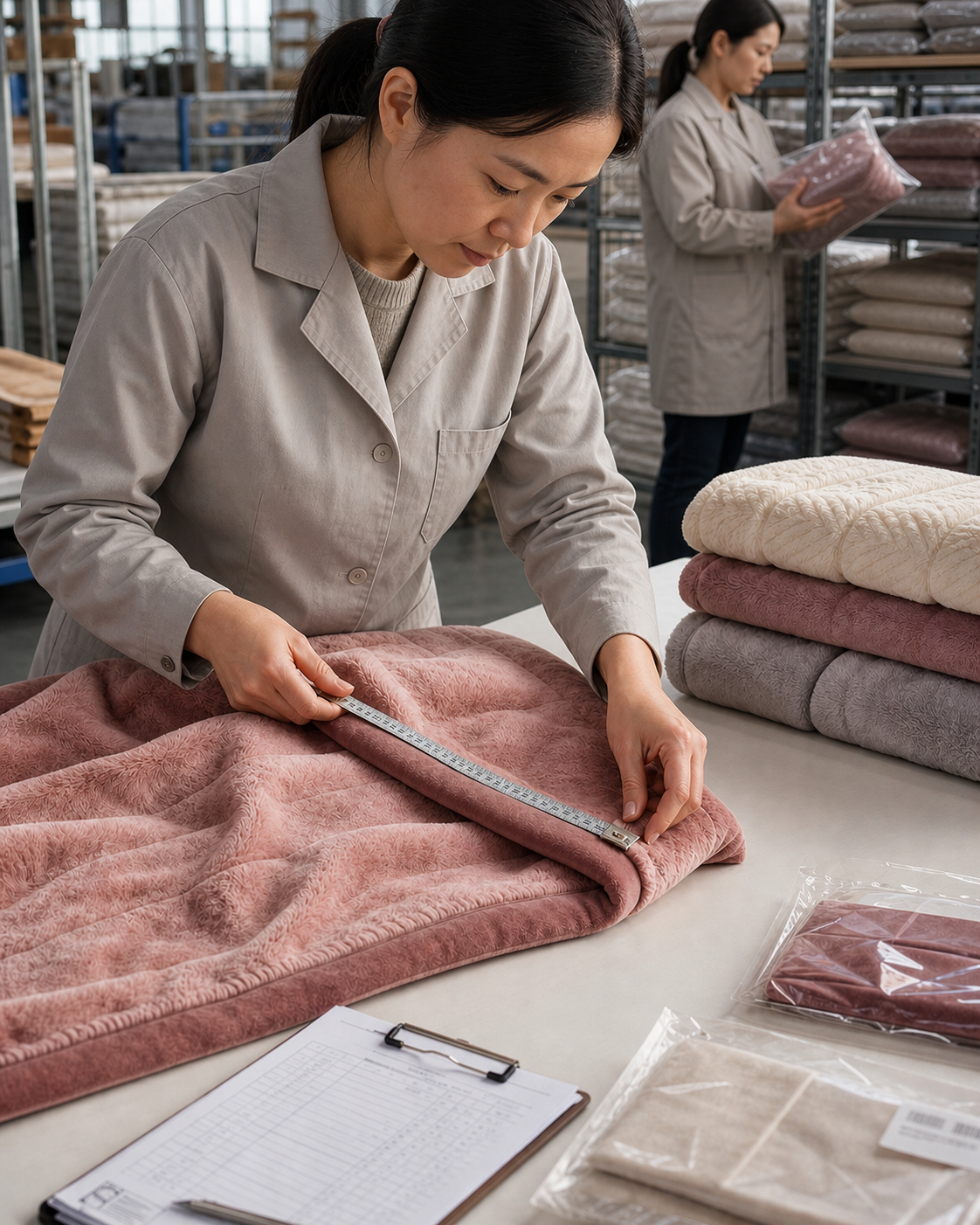 Chinese textile quality inspector measuring a wholesale blanket